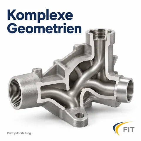 Komplexe Geometrien: Schnitt durch ein A-MIM-Bauteil mit frei geführten inneren Kanälen