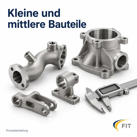 Kleine und mittlere Bauteile: typische A-MIM-Teile neben einem Messschieber