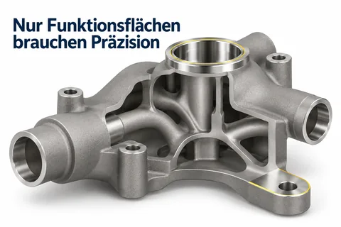 Nur Funktionsflächen brauchen Präzision: Sintergehäuse, an dem nur Passung, Dichtsitz und Befestigungsauge bearbeitet sind