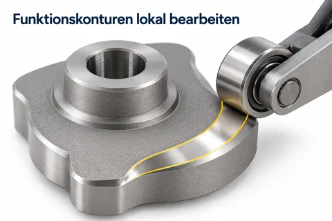 Funktionskonturen lokal bearbeiten: präzise Kontaktbahn an einer Nocke mit Laufrolle