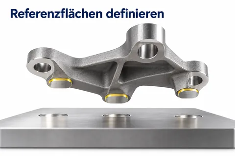 Referenzflächen definieren: drei bearbeitete Auflagepunkte richten das Bauteil auf einer Platte aus
