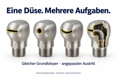 Vier Düsenvarianten mit gleichem Grundkörper und unterschiedlichem Austritt, eine davon im Schnitt