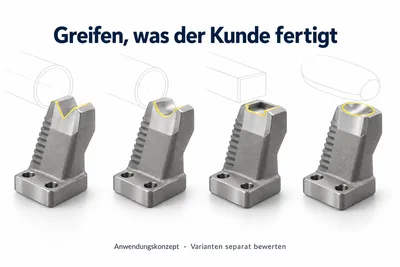 Vier Varianten eines Edelstahl-Greiferfingers mit gleichem Fuß und angepasster Greifkontur