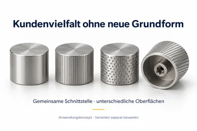 Vier Griffe mit gemeinsamer Schnittstelle und unterschiedlichen Oberflächenmustern