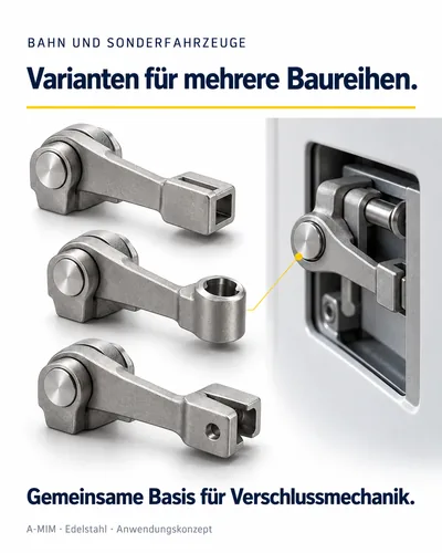Bahn und Sonderfahrzeuge: drei Varianten eines Verschlusshebels auf einer gemeinsamen Basis