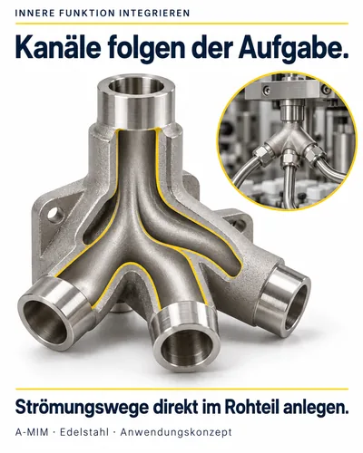 Kanäle folgen der Aufgabe: verzweigte Strömungskanäle im Edelstahlkörper, im Schnitt gezeigt