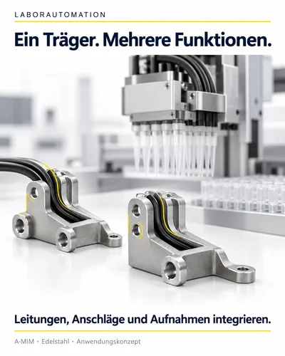 Laborautomation: ein Träger mit integrierten Leitungen, Anschlägen und Aufnahmen für ein Pipettiermodul