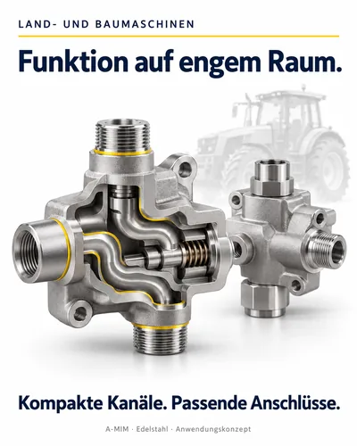 Land- und Baumaschinen: kompakter Edelstahl-Ventilkörper mit innenliegenden Strömungswegen