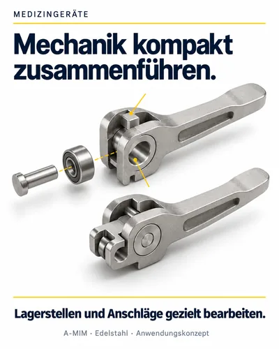Medizingeräte: eine Mechanik aus mehreren Einzelteilen wird zu einem kompakten Edelstahlteil zusammengeführt