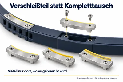 Austauschbare Edelstahl-Verschleißeinsätze in einer Kunststoffführung der Fördertechnik