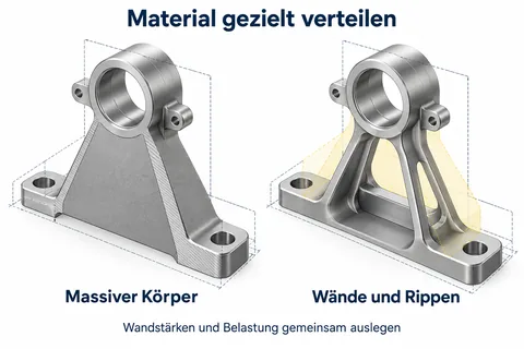 Material gezielt verteilen: massiver Körper im Vergleich zu einer Struktur aus Wänden und Rippen; Wandstärken und Belastung gemeinsam auslegen