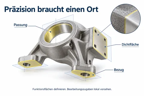Präzision braucht einen Ort: Passung, Dichtfläche und Bezug sind als Funktionsflächen markiert, Bearbeitungszugaben nur dort vorgesehen