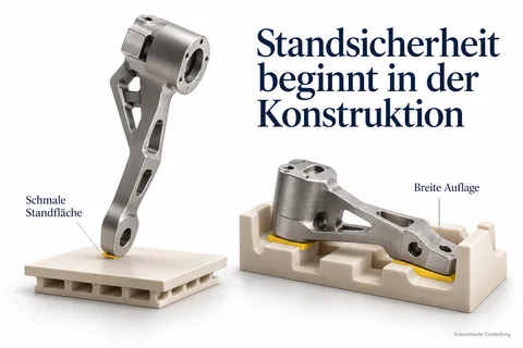 Standsicherheit beginnt in der Konstruktion: Ein Bauteil auf schmaler Standfläche im Vergleich zum selben Bauteil mit breiter Auflage im Setter