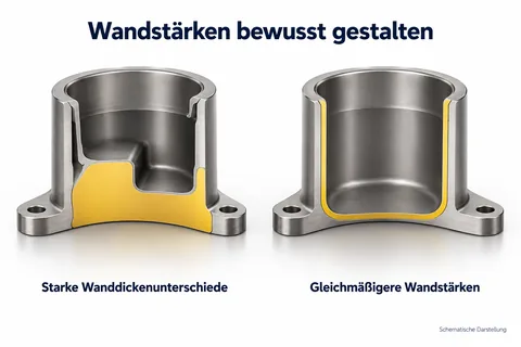Wandstärken bewusst gestalten: Schnitt mit starken Wanddickenunterschieden im Vergleich zu gleichmäßigeren Wandstärken