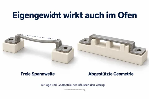 Eigengewicht wirkt auch im Ofen: Eine Brücke mit freier Spannweite im Vergleich zu einer durch Stützrippen abgestützten Geometrie
