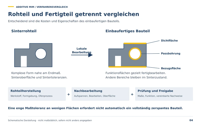 Rohteil und Fertigteil getrennt vergleichen: Das Sinterrohteil wird nur an Dichtfläche, Passbohrung und Bezugsfläche lokal bearbeitet, andere Bereiche bleiben im Sinterzustand.