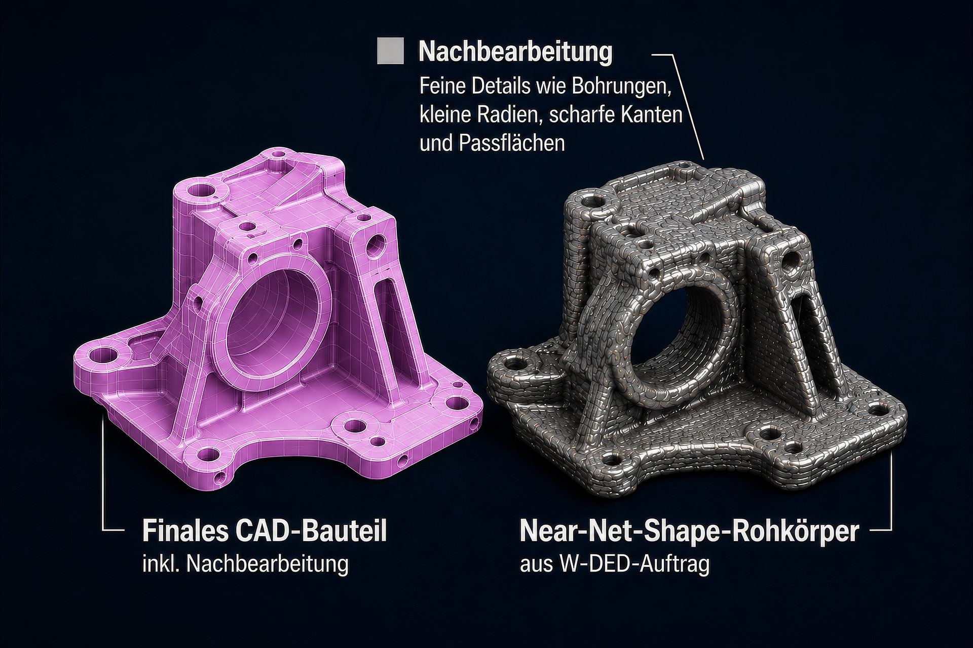 CAD-Endkontur neben Near-Net-Shape-Rohkörper — Details wie Bohrungen und Passflächen entstehen durch Nachbearbeitung