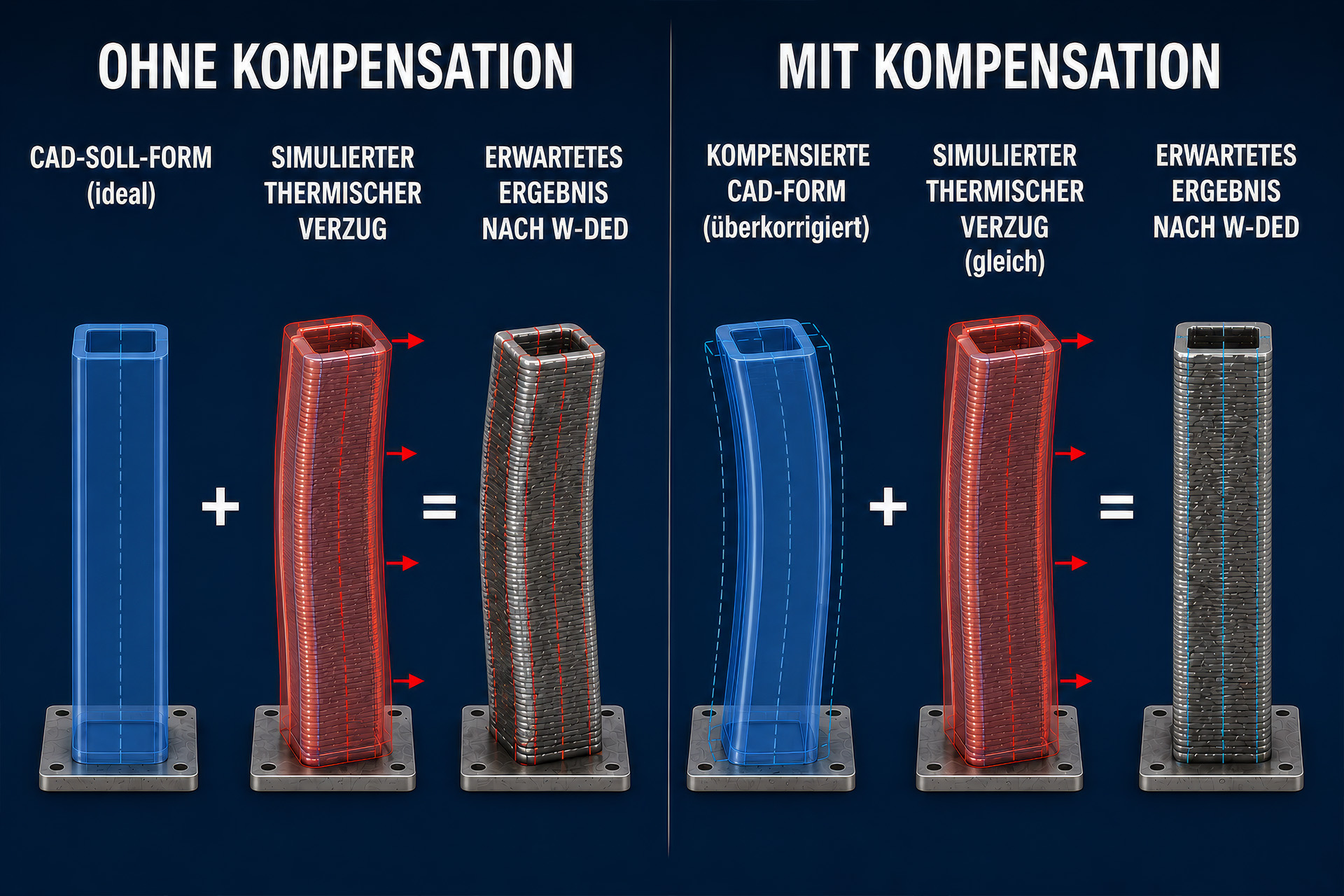 Soll-Ist-Vergleich — transparente Zielgeometrie überlagert mit farbiger Abweichungskarte des verzogenen Rohkörpers