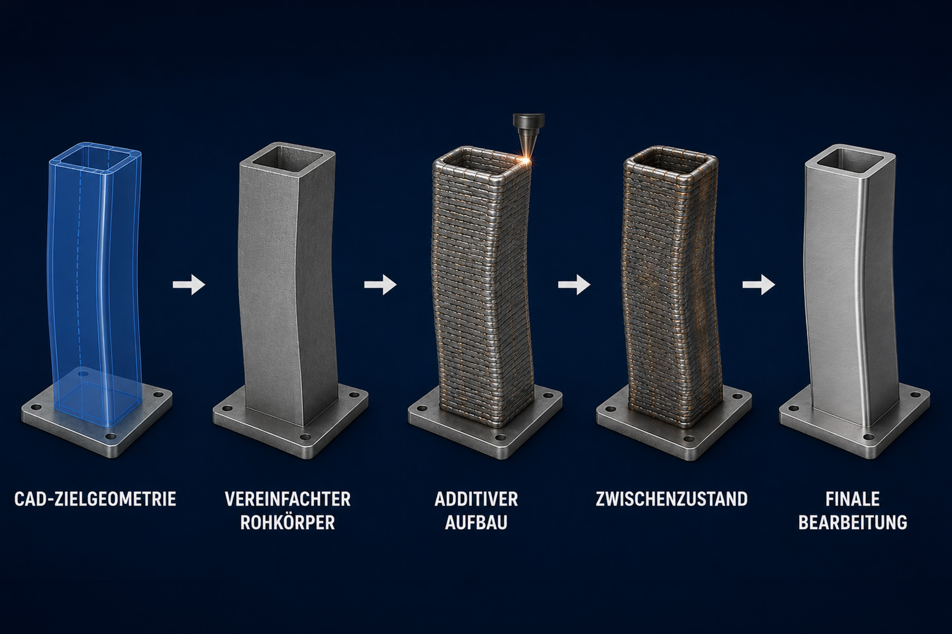 Technische Prozesskette — von der CAD-Zielgeometrie über den Rohkörper bis zur finalen Endbearbeitung