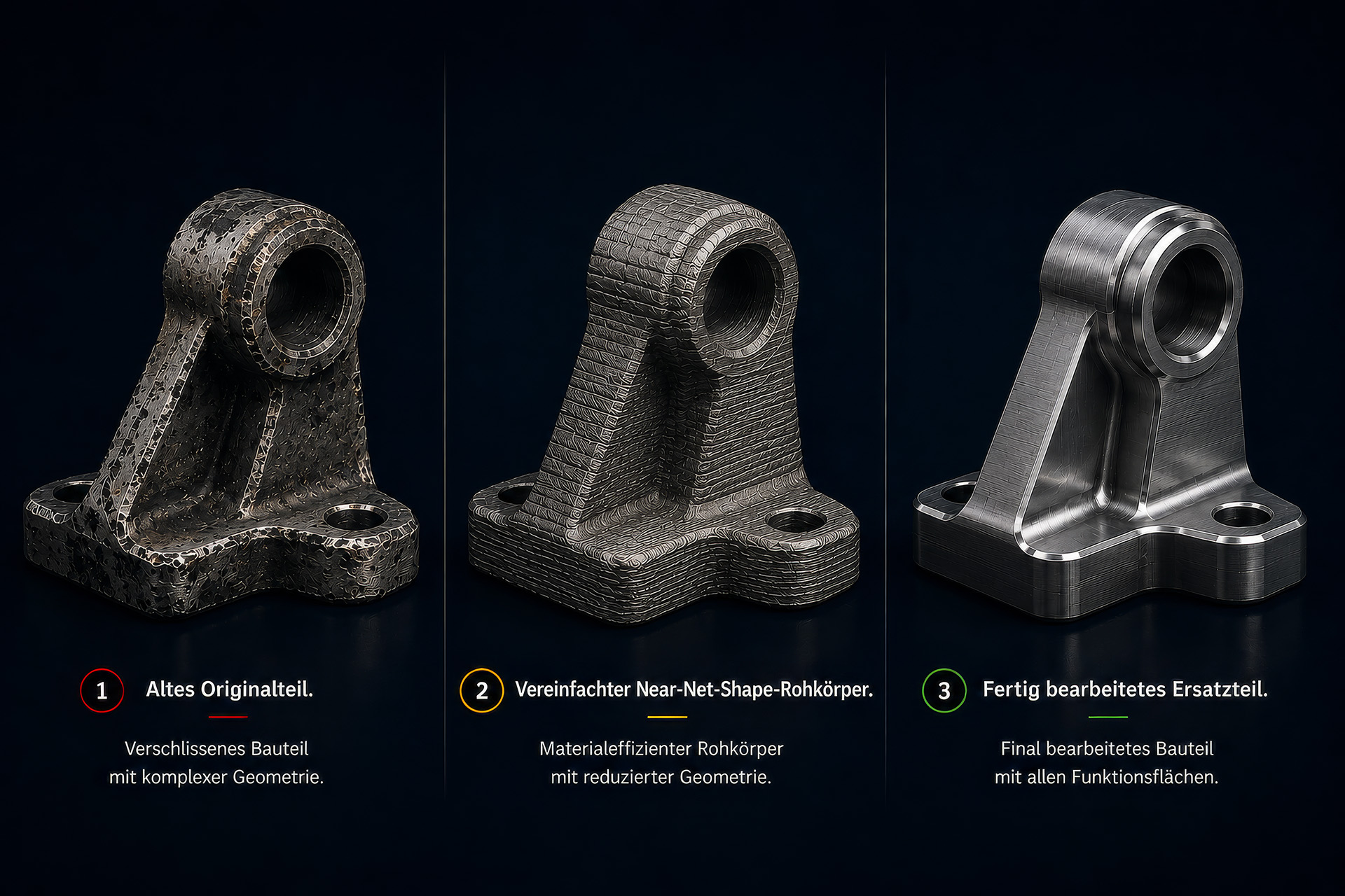 Vom alten Originalteil über den vereinfachten Near-Net-Shape-Rohkörper zum fertig bearbeiteten Ersatzteil