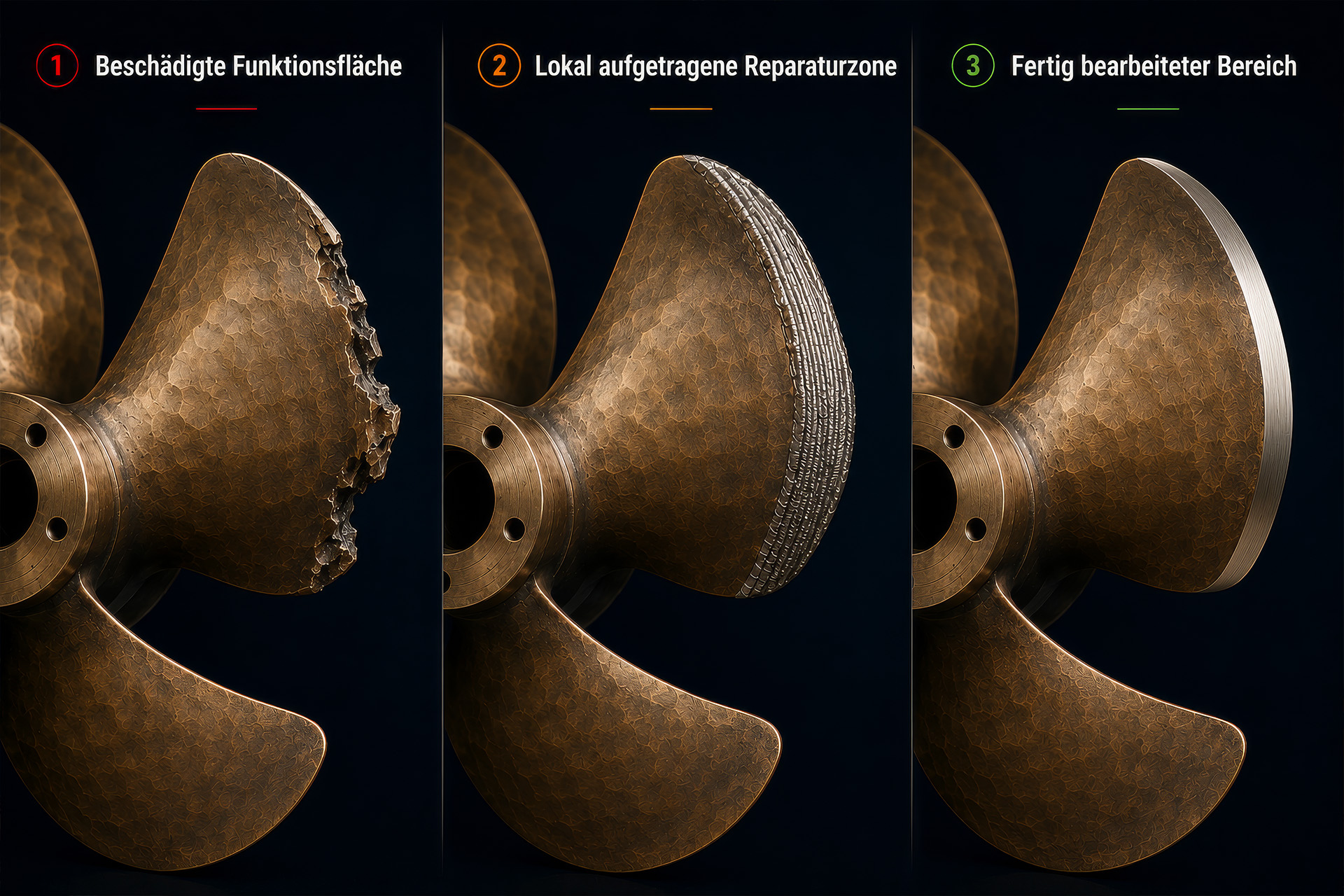 Reparatur in drei Stufen — Schaden, Materialauftrag und fertig bearbeitete Funktionsfläche