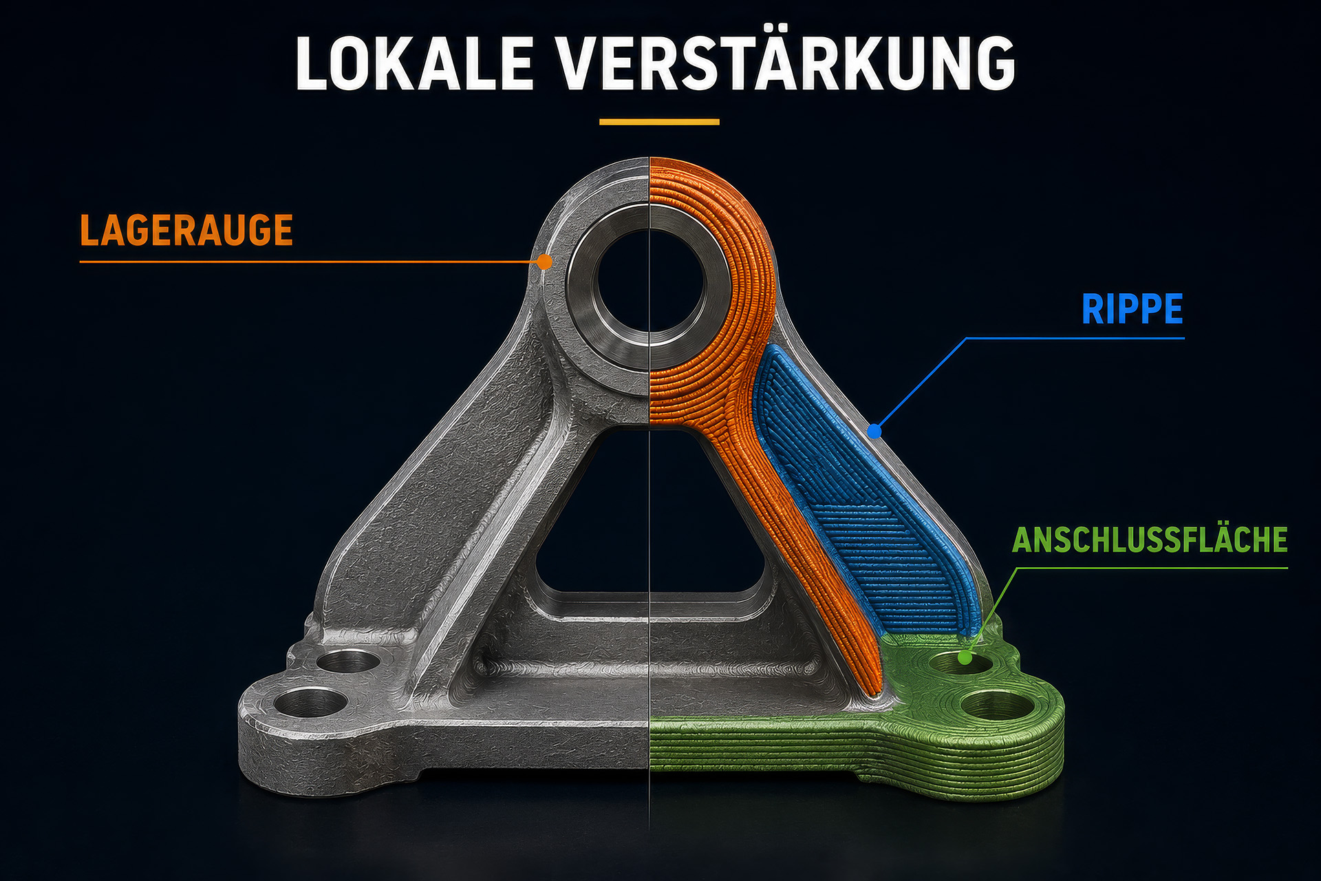 Grundkörper mit additiv aufgebauten Verstärkungszonen — Rippe, Lagerauge und Anschlussfläche farblich markiert