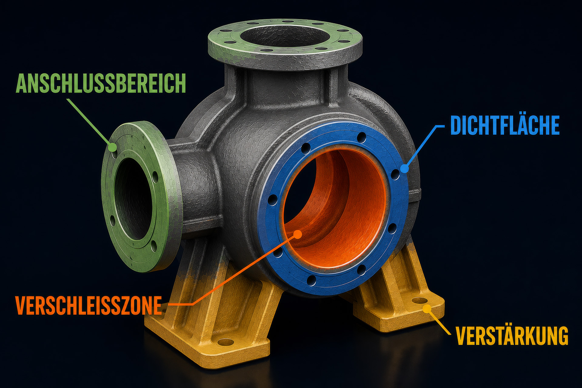 Bauteil mit farblich differenzierten Funktionszonen — jede Zone erfüllt eine spezifische Aufgabe