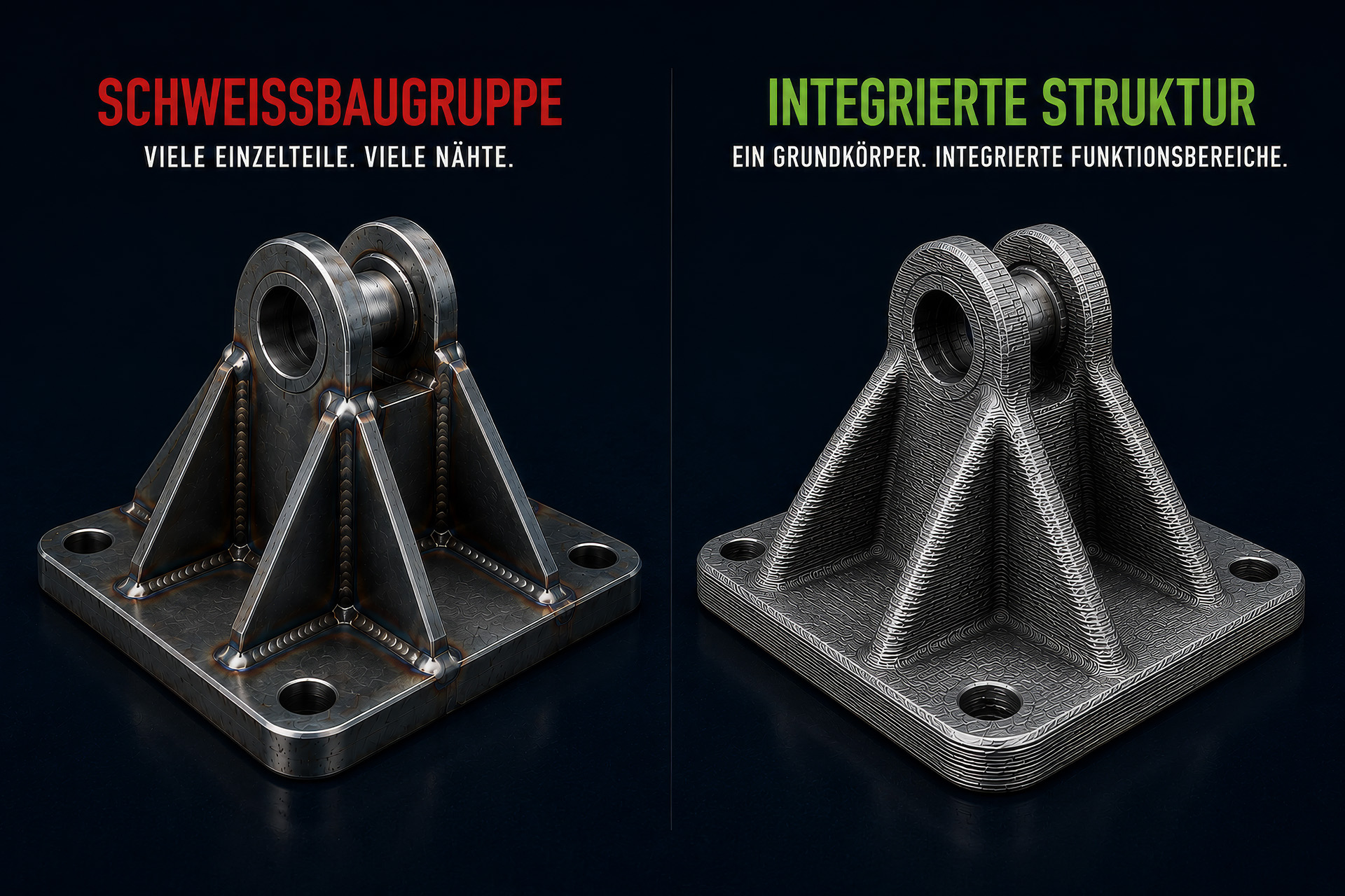 Konventionelle Schweißbaugruppe vs. vereinfachter Grundkörper mit integriertem Materialauftrag